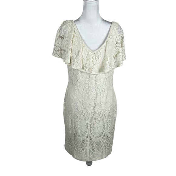 Lauren Ralph Lauren Ivory Lace Dress 10P V-Neck Flutter Sleeve Party Wedding - Picture 1 of 5